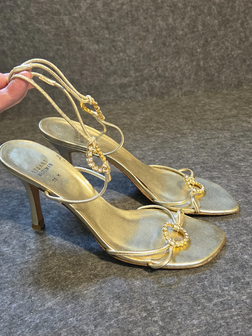 Stuart Weitzman Gold Rhinestone Circle Slingback Strap Heels